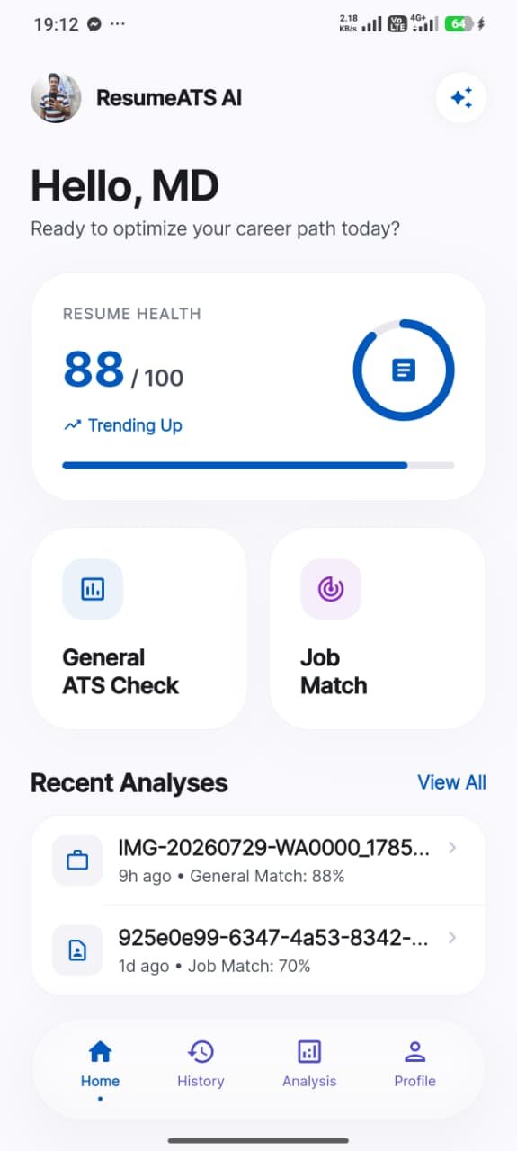ResumeATS AI App Home Dashboard Screen showing ATS score, job matches, and analytics